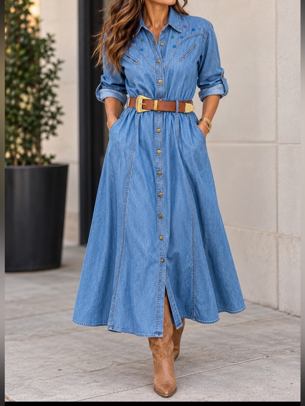 Vintage Denim Western Dress Studded Rhinestone Belted Cowgirl